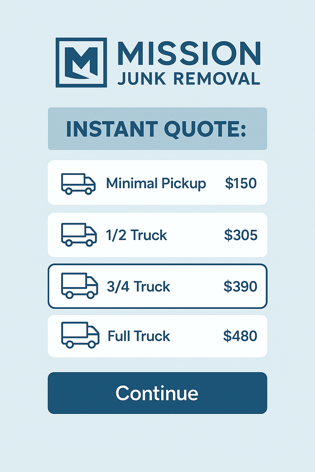 Smart PRO Booking junk removal quote interface
